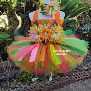Tropical Flower Girl Tutu Dress – Neon Luau Party Outfit– Hawaiian Tropical Garden Tutu Dress – Luau or Summer Party Outfit