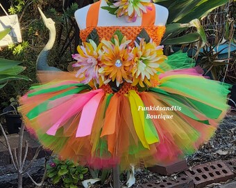 Vestido de tutú tropical para niña con flores: atuendo de luau neón con diadema