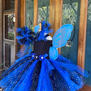 Midnight Moon Fairy Tutu Dress in Black & Blue - Starry Night Fairy Dress in Royal Blue and   Black - Shimmer Fairy Ensemble for Girls