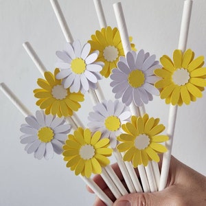 Bomboniera per feste in paglia di margherita bianca gialla da 12 pezzi - Topper in paglia di margherita - paglia di carta - decorazioni in paglia di carta - compleanno del sole - margherita bianca