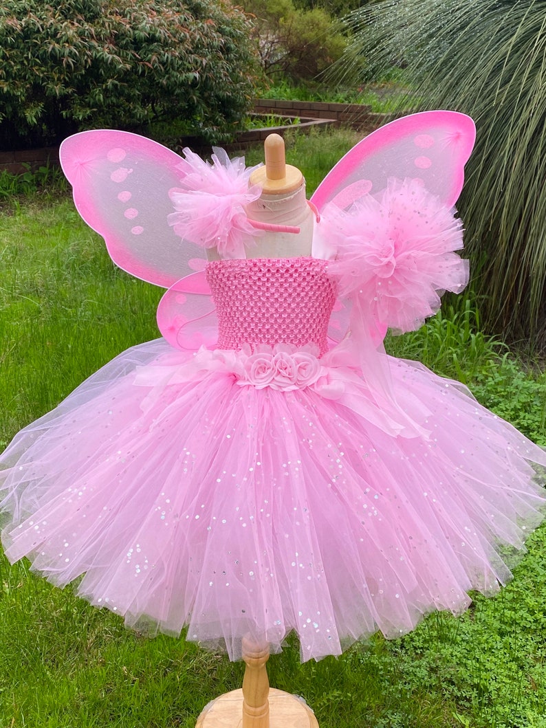 Pink Fairy Tutu Dress Fairy Tutu Dress with wings-Pink tutu Dress birthday tutu Baby tutu outfit image 1