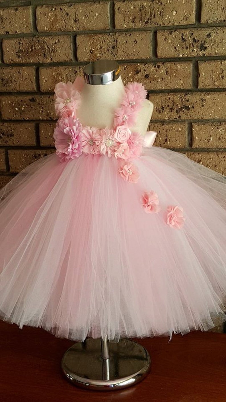 Perfectly White and Pink Flower Girl Full length Tutu Dress- Wedding Birthday Dresses-12 18 3T,4T Flower Girl Tutu Dress 24 Month 2T