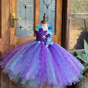 Sparkly Mermaid Tutu Dress in Purple and Blue- Purple Mermaid Princess Dress with Flowers- Ocean Theme Birthday Dress for Toddlers & girls