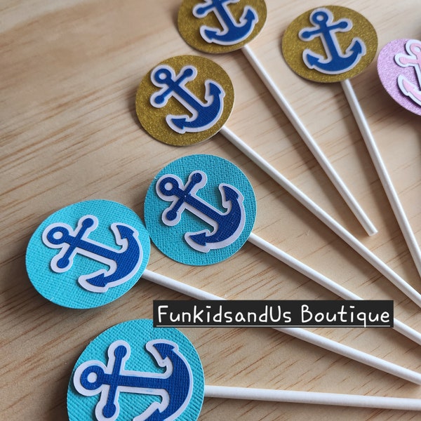 Anchor cupcake topper - Anchor party topper - 10pcs Personalized Anchor topper - Blue Pink Gold Anchor topper