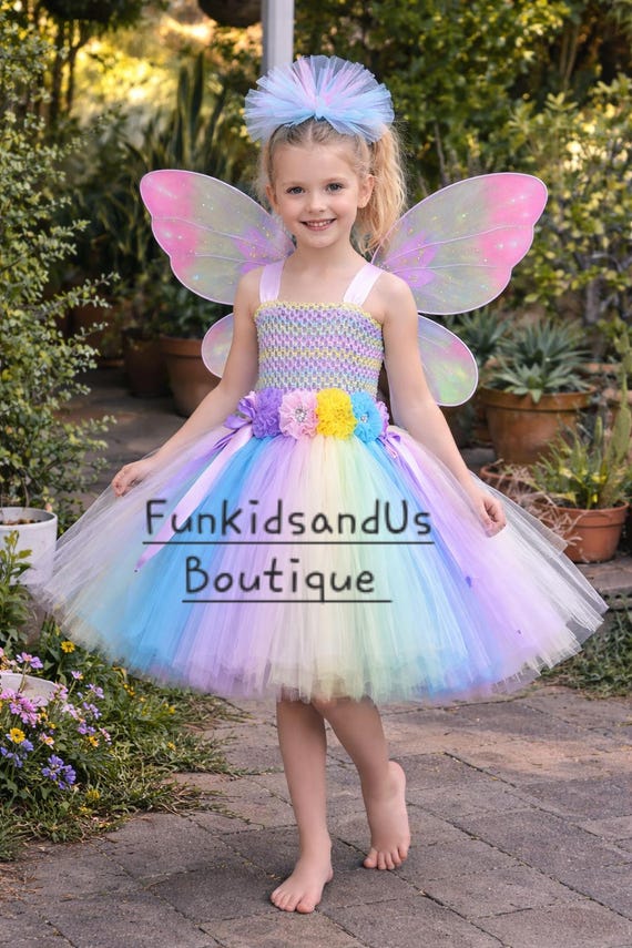 rainbow magic fairy dress up Pastel Rainbow Tutu Dress: Fairy Costume, Birthday Outfit - Butterfly Wings  Costume