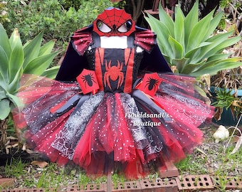 Disfraz de Spider-Man con tutú, máscara y capa. Vestido de tutú rojo y negro para niña. Vestido estilo araña.