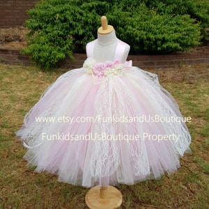 Ivory Pink Flower Girl Dress Full Length  - Vintage Lace Flower girl Tutu Dress- Christening Tutu