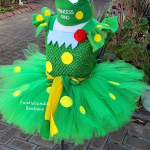 Princess Dino Tutu Dress - Princess Dino Green Tutu Dress- Dinosaur-Inspired Costume with Crown  Puff Sleeves & Bow Accents- charming outfit