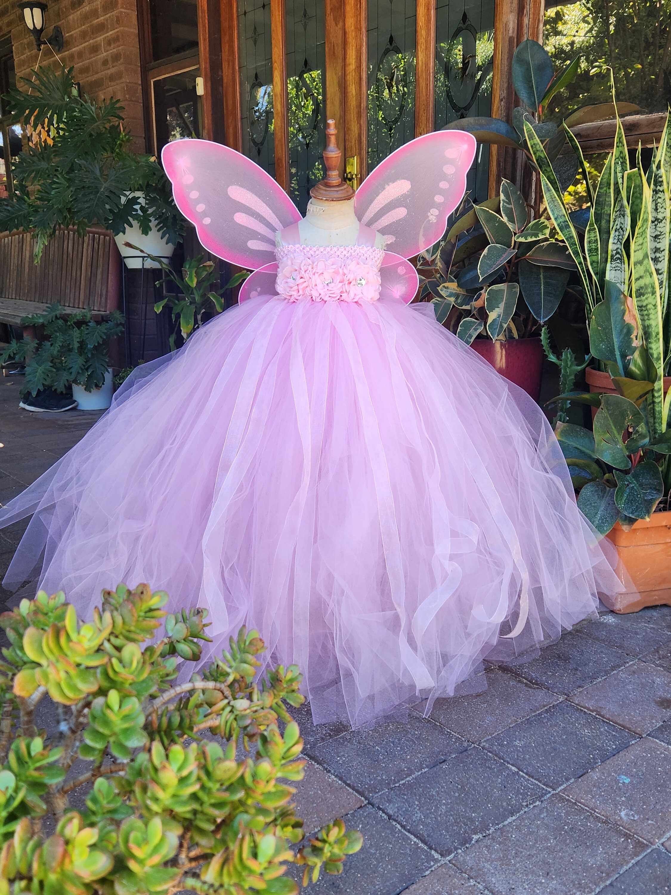羽根付きピンクの妖精チュチュドレス：ガーデンコスチューム