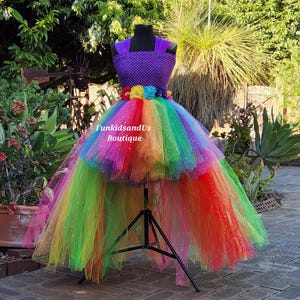 Op de afbeelding: Een regenboog tule tutu-jurk met een paarse bovenkant en een bloemversiering rond de taille. De jurk heeft een high-low zoom, waarbij de voorkant korter is dan de achterkant. De jurk is versierd met glitter.