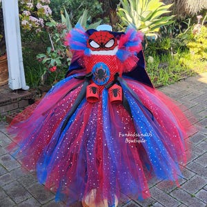 Spider Girl Tutu dress & cape wrist band  Mask, Spider Costume, Spider Birthday outfit, Halloween Toddler Costume, Super hero Girl Costume