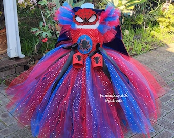Disfraz de Spider-Girl con tutú: traje de superhéroe rojo y azul con máscara