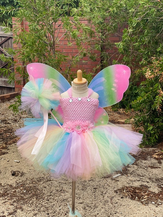Girls Fairy Wings + Tutu Set Rainbow Instant Disguises Female Halloween Costume Girls Fairy Wings + Tutu Set Rainbow Instant Disguises Female Halloween Costume