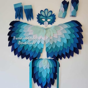 Blue Bird Felt Feather Costume Set- Blue Winged Bird Costume for Kids-  Bird of Paradise Costume- Bird Wings, Mask, & Tail Set