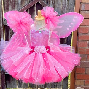 Pode incluir: Fantasia de fada rosa com saia de tule, corpete brilhante, asas e uma faixa de cabelo com uma flor rosa.