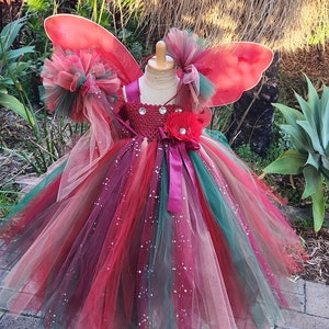 Woodland Fairy Tutu Dress with Sparkly Wings: Burgundy Crochet Top Costume