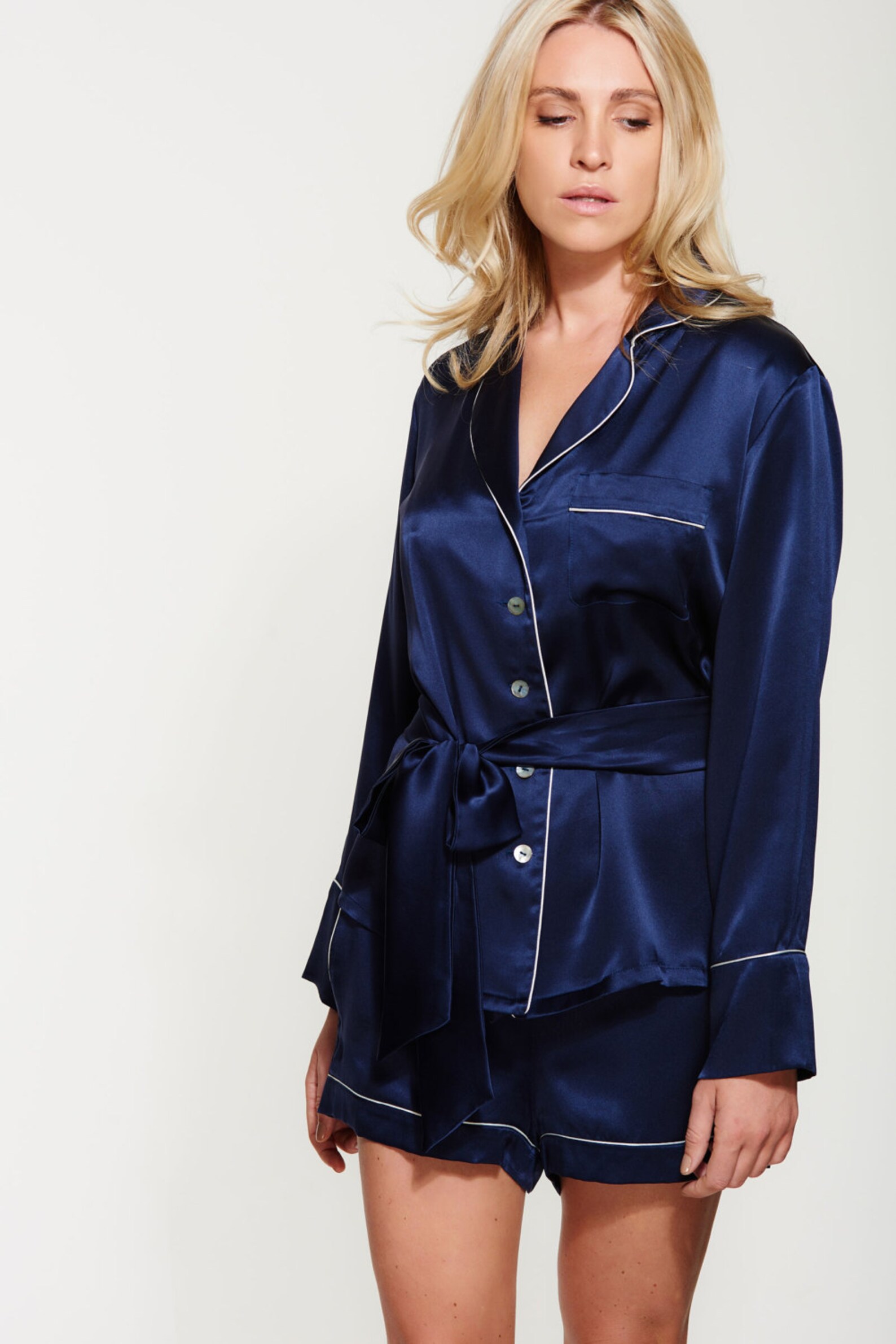 Women's Blue Silk Shirt and Shorts Pyjama Set 100 Silk Etsy UK