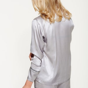 Women's Silk Shirt and Short Pyjama Set 100% Silk Silver and Dark Grey image 2