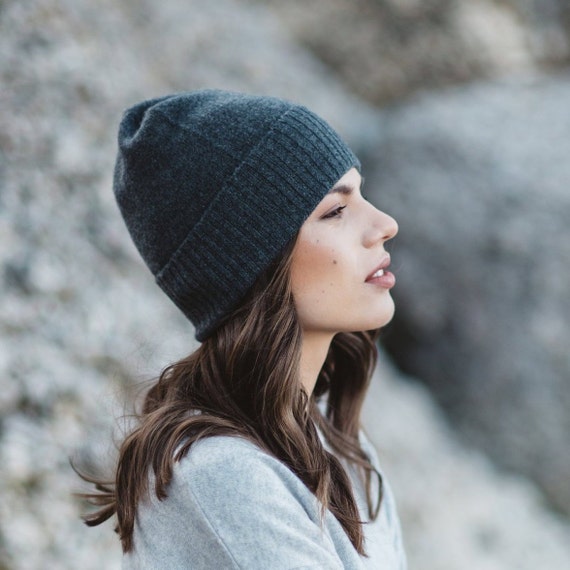 Women's Grey Pure Cashmere Beanie Hat 100% One - Etsy