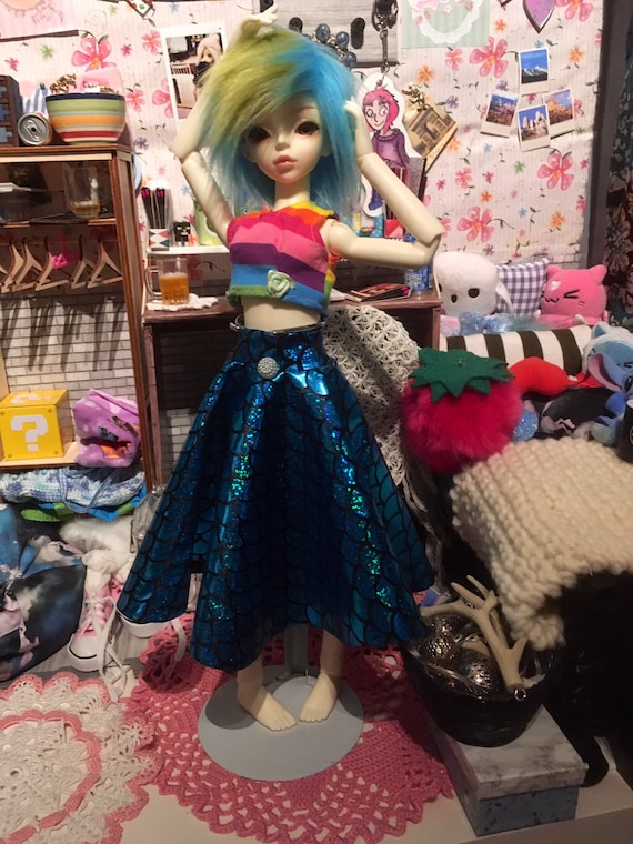 MSD blue holografic mermaid space skirt colorfull rainbow dress outfit bjd 1/4 minifee luts volks