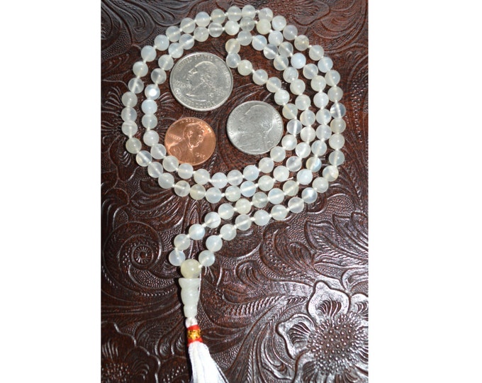 Moonstone Rainbow Prayer Bead Mala Necklace - Crown Chakra, Third Eye Chakra Emotional Harmony Protection during Pregenancy, Menstrual Cycle