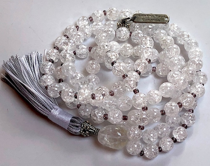 Himalayan Crackled Crystal Quartz knotted mala beads Necklace 8 mm Natural Genuine 108 beads Third Eye Chakra Nirvana Quartz Jaap Japa Mala