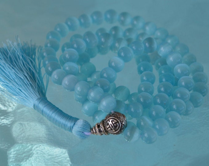 8mm Blue Cat's eye Glass Beads Mala Necklace 108 Prayer BeadsChristmas