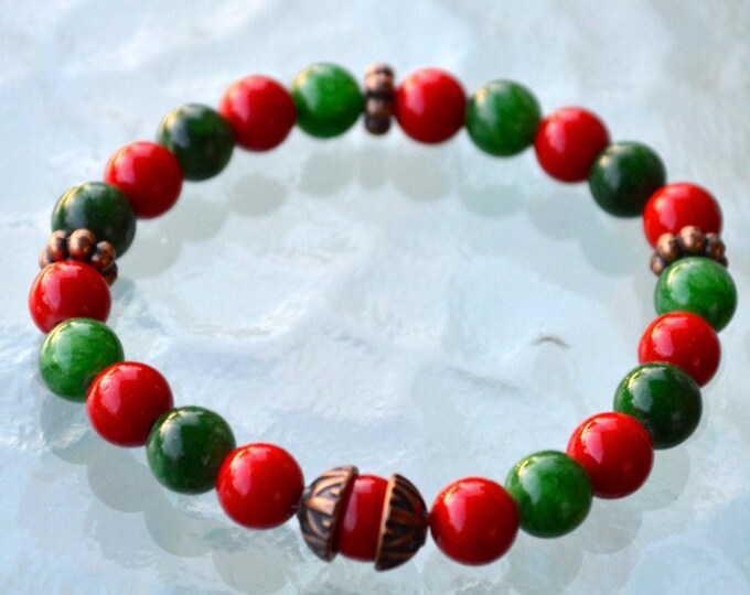 Red Coral Green Jade Wrist Mala Beads Healing Bracelet - Attract love Assists clear reasoning, Inventiveness, Balanced opinion,Truthfulness,