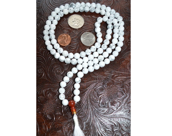 Howlite Mala Necklace Calming howlite mala 108 beads, mala tassel necklace, beaded 108 gemstone necklace, yoga beads necklace gift for her