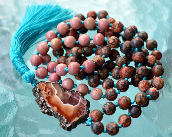 Cyber Monday Sale Rhodonite & Ocean Jasper Hand Knotted Mala Beads Rosary Necklace - Energized Karma Nirvana Meditation 8mm Prayer Bea