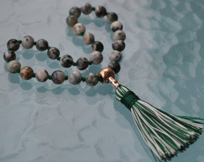 27+1 Green Tree Agate Beads Mala, Dendritic Agate Necklace silver Mala Creates a peaceful environment, Achieving Goals Heart Chakra, Earthy