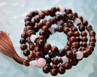 Rose Quartz Mala Beads, Mahogany Obsidian Healing Jewelry, Buddhist Necklace, Knotted Prayer Beads Japa Mala For Healing Detox Stress Relief