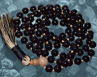Black ONYX Mala Beads Necklace, 108 Bead Hand Knotted Black Onyx Beaded Long Tassel Necklace