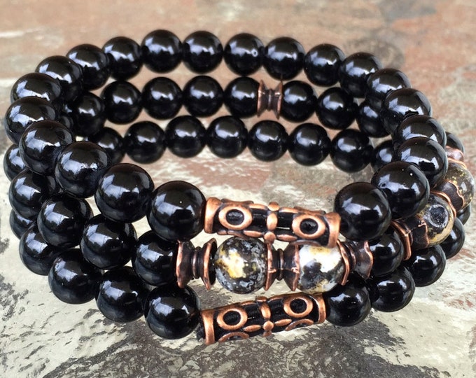 Black onyx Mala bracelet Yoga jewelry Namaste Meditation Reiki healing crystals Yoga gifts for son gift for dad gift for men gifts for him