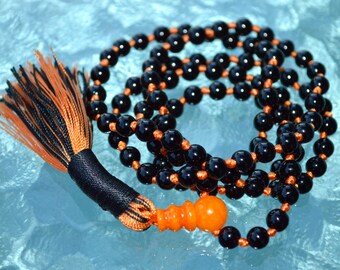 Black Mala Prayer Beads 108 Knotted, AAA Tourmaline Multi Color, Semi Precious, Meditation Yoga, Spiritual Chakra Jewelry, Tassel Necklace