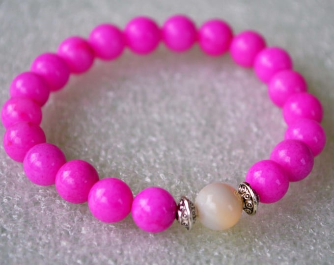 Electric Pink Jade and Mother Of Pearl, Wrist Mala Bracelet - transmute negative energy,heighten intuition, psychic sensitivity, love, heart