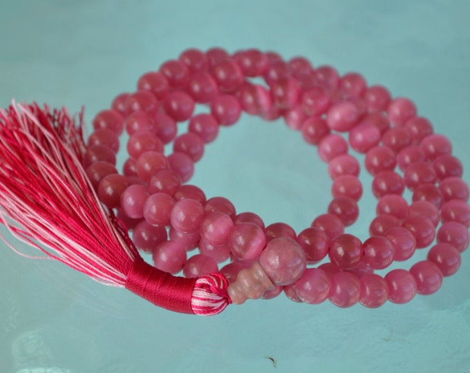 Cat's Eye Necklace, Magenta Cats Eye Glass Beads Mala