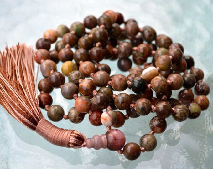 Picture Jasper Stone Mala Necklace, 108 Beads Mala Bracelet, Beaded Bracelet