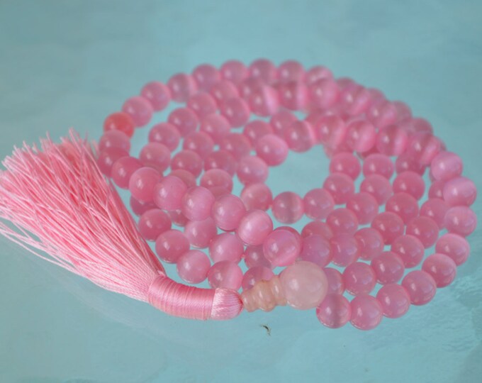 8mm Pink Cat's eye Glass Beads Mala Necklace 108 Prayer BeadsChristmas