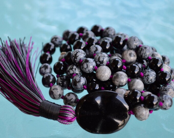 Snowflake Obsidian Mala Beads Necklace – 108 Prayer Beads Mala  – Beaded Mala – Japa Mala