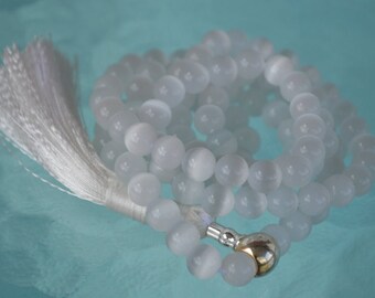 8mm White Cat's eye Glass Beads Mala Necklace 108 Prayer BeadsChristmas