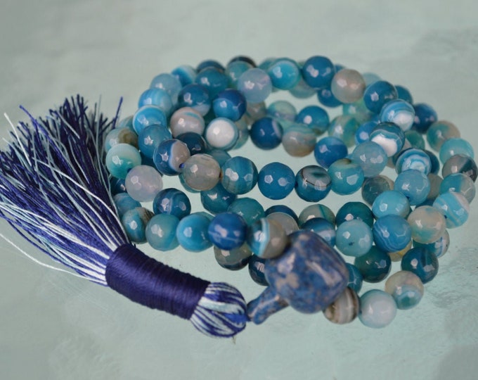 Natural Blue Crazy Agate Prayer Beads, 108 Lace Agate Mala Beads Necklace, Lace Agat Jewelry - Low Self Esteem, Acute Illness, Healing