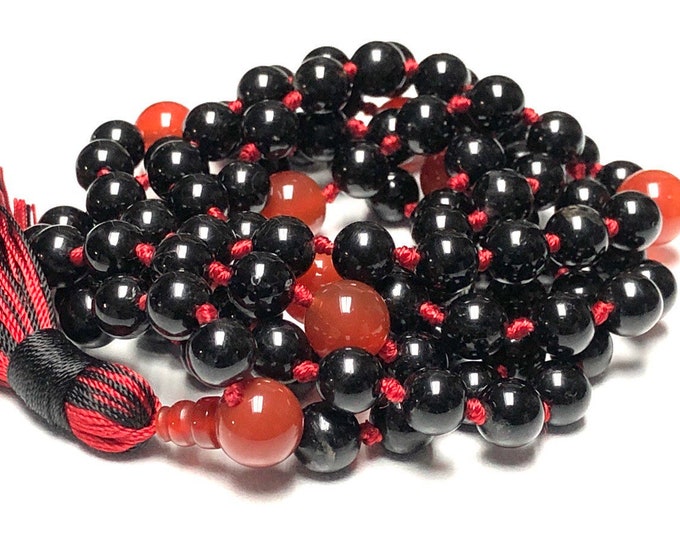 PROTECTION & CALMING Black tourmaline mala beads 108 Carnelian mala necklace Yoga gifts Prayer beads Mens tourmaline jewelry Stone mala bead