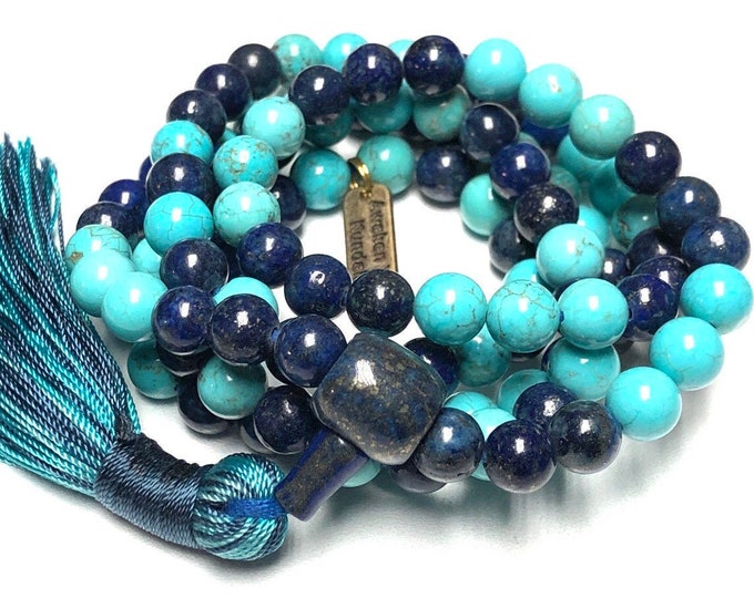 Lapis Lazuli Turquoise Stone Mala Bead Necklace Natural Gemstone Healing Necklace-Spiritual Protection Grounding Meditation Pendant Necklace