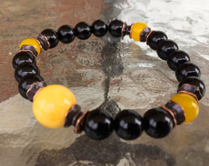 Cyber Monday Sale 8 mm Jade Black and Yellow Prayer Beads Handmade Bracelet, Gifts For Him