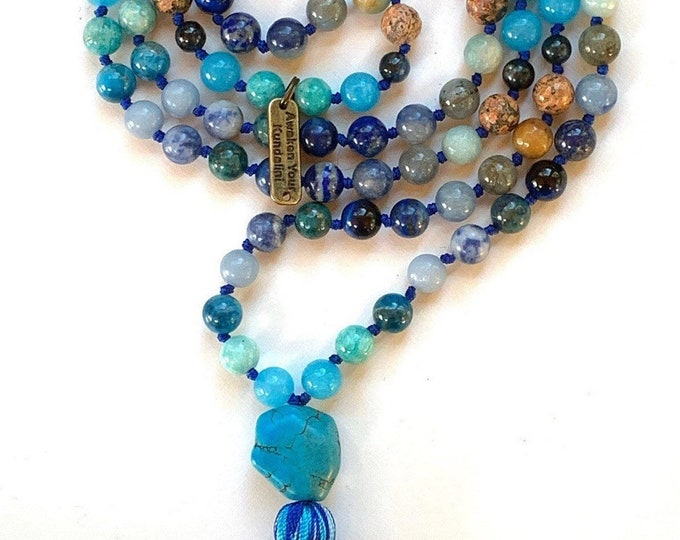 Blue Throat Chakra Balancing Crystal Mala Beads Necklace, Throat Chakra Gifts