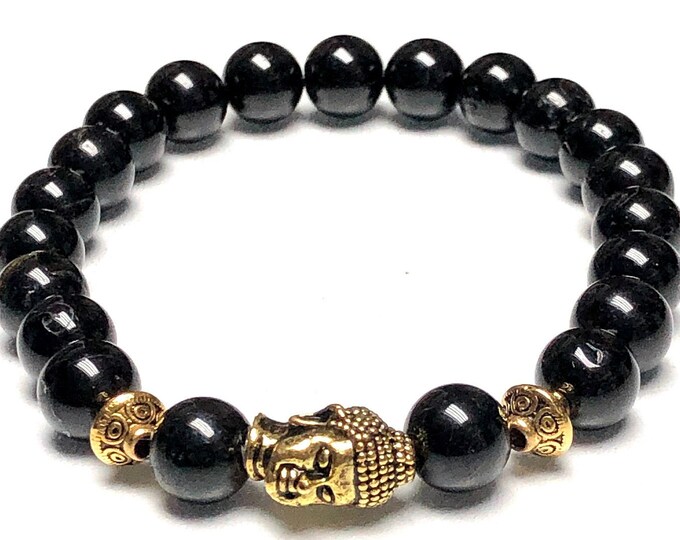 Black & Gold Tourmaline bracelet Crystal healing Buddha bracelet jewelry reiki elastic bracelet chakra stones Tourmaline jewelry root charka