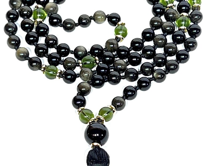 Guardian of Light: Moldavite Obsidian 108 Mala Beads Necklace - Channel Energy, Enhance Protection! Perfect Gift for ALL!