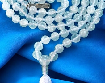 Selenite Crystal Beaded Necklace, Knotted Mala Beads, Meditation Mala - AAA Grade / 8mm-10mm