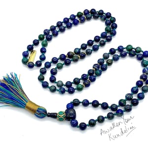Malachite Azurite Beaded Necklace | Blue Green Stone Mala Necklace | Third Eye Bead Necklace
